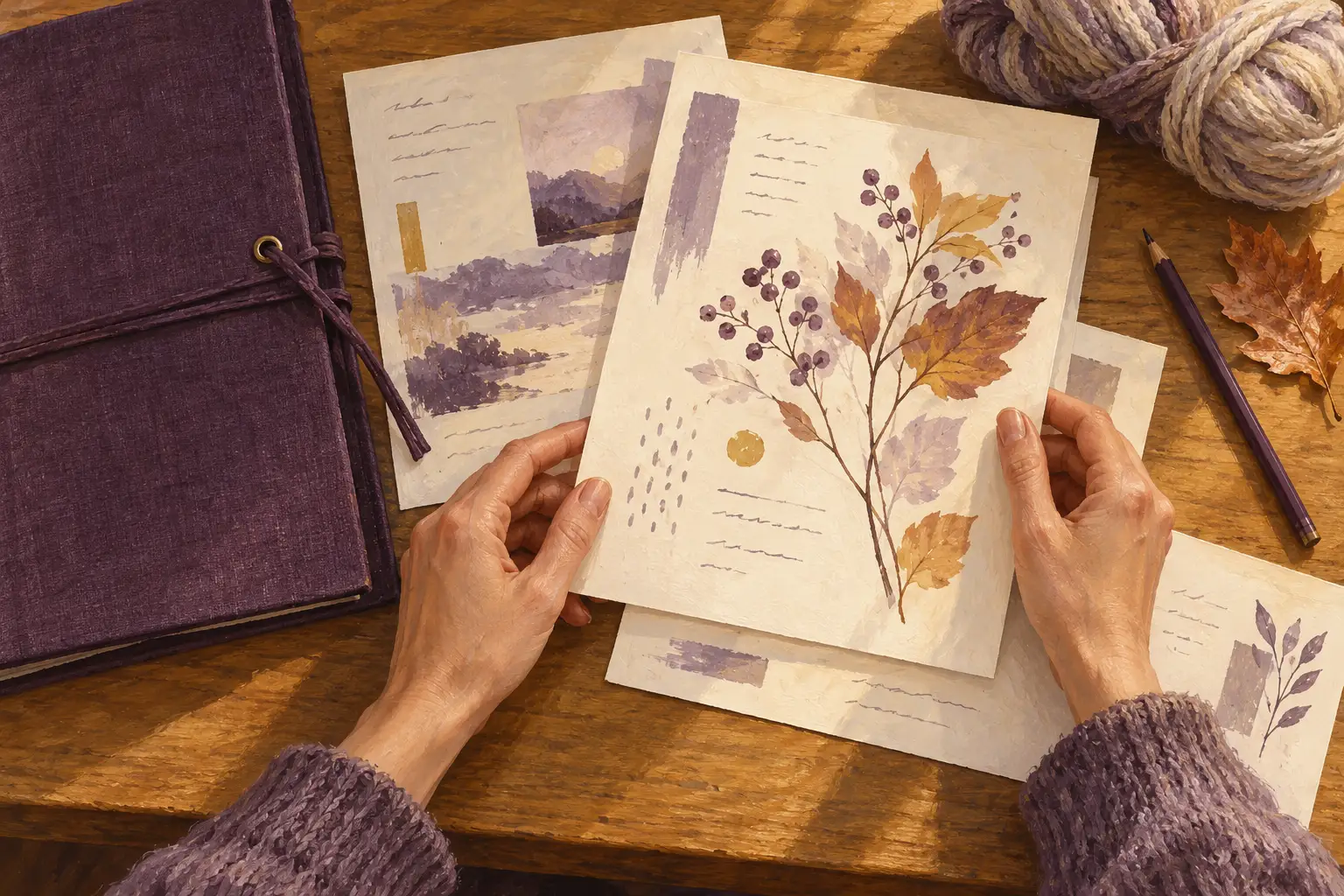 Zwei gemalte Hände ordnen Papierblätter neben einer Mappe und einem Wollknäuel.