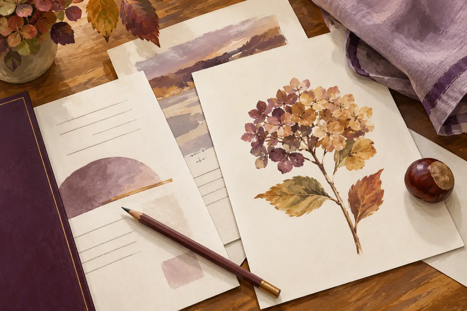 Helle Papierblätter mit botanischen Motiven, Bleistift und einer Kastanie.